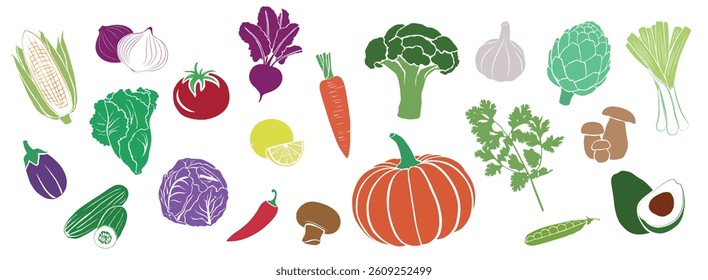 Vector illustration of assorted vegetables in vibrant colors, ideal for healthy food, organic, or farm product designs.