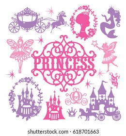 A vector illustration of assorted vintage paper cut princess theme set. Princess design elements included are princesses, mermaid, carriages, castles and fairies.