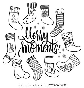 Vector illustration of an assortment of Christmas stockings. Christmas socks set.  Set of various Christmas stockings. Elements for X-mas and New Year design.
