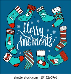 Vector illustration of an assortment of Christmas stockings on a blue background. Set of various Christmas stockings. Elements for X-mas and New Year design. Merry moments lettering