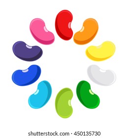 Vector illustration assortment of colorful fruit gelatin jelly beans.