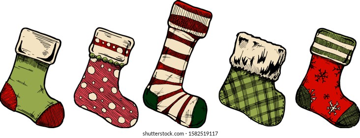 Vector illustration of an assortment of five Christmas stockings in ink hand drawn style on white background.