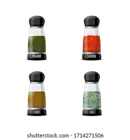 Vector illustration. Assortment of herb spices, seasonings, in glass shakers. Set of transparent containers with saffron, oregano, sage, curry.