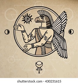 Vector illustration: the Assyrian deity with a body of the person and the head of a bird. Character of Sumerian mythology. Background - imitation of old paper.