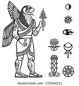 Vector illustration: Assyrian deity with a body of the person and the head of a  ram. Full growth. Character of Sumerian mythology. Set of space solar symbols.