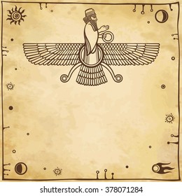 Vector illustration: Assyrian winged god. A place for the text. Imitation of old paper.