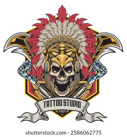  Vector Illustration of Astec Skull with Weapons in Detailed Vintage Illustration Available for Tshirt Design