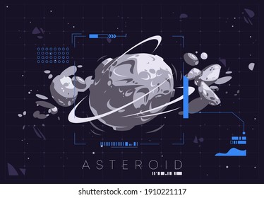 Vector illustration of an asteroid in outer space with technological flat graphic design elements, space objects exploration