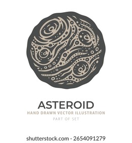 Ilustração vetorial de asteroide em tons de taupe e carvão com textura de gravura em negrito. Objeto cósmico desenhado à mão para uso em imagens científicas, cartazes e para fins educacionais. Parte do conjunto.