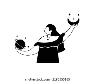 Vector illustration of an astrologer girl. A mystical profession. Outline