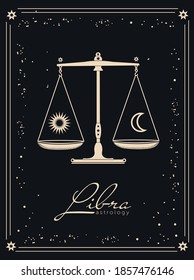 
Vector illustration; astrological card with zodiac sign Libra on dark gray, black background. Libra in the starry sky. Gold sign on a dark background.