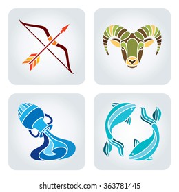 Vector illustration of astrology symbols: 
Sagittarius, Capricorn, Aquarius and Pisces.