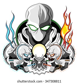 Vector illustration of a astronaut alien time machine made of fire and ice metal skulls.