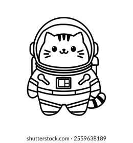 Vector illustration of an astronaut cat coloring page, featuring a playful feline in a space suit surrounded by stars and planets. Perfect for kids' activities and creative projects.