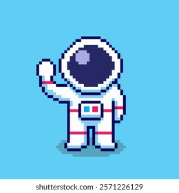 Vector Illustration of Astronaut Character Saying Hello with Pixel Art Design, perfect for game assets themed designs