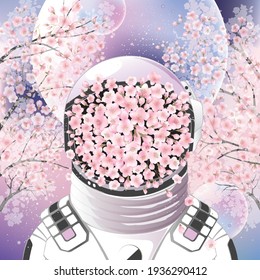 Vector illustration of the astronaut with cherry floral decoration on the face on a background of planets and cherry trees. Design for picture frame, poster, brochure and science fiction