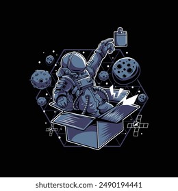 vector illustration of an astronaut coming out of a cardboard box