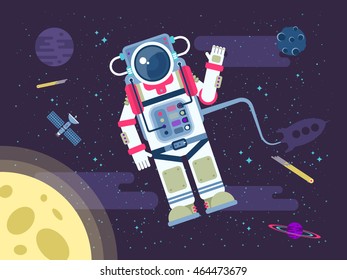 Vector illustration of an astronaut or cosmonaut flying in outer space near the moon in a flat style