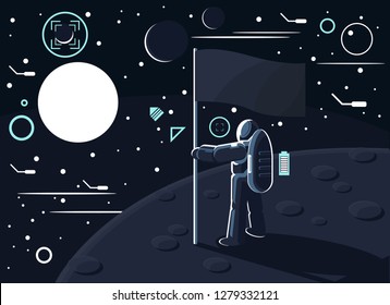 Vector illustration of an astronaut or cosmonaut in a special suit standing with a flag in his hand on the moon or another planet and looking at the sun and other stars and planets.