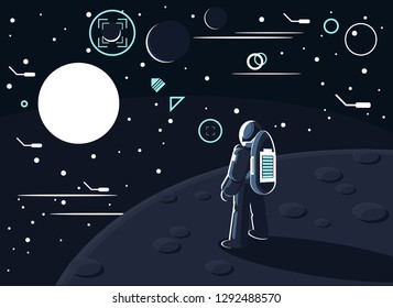 Vector illustration of an astronaut or cosmonaut in a special suit standing on the moon or another planet and looking at the sun and other stars and planets.
