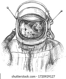 Vector illustration of the astronaut or cosmonaut in suit in space sketch. Close up shoulder portrait in protective helmet with reflection in it. Vintage hand drawn engraving style.