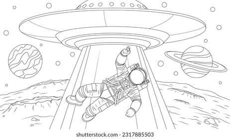 Ilustración vectorial, astronauta en el espacio profundo y platillo volador, coloración de libros.