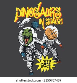 Vector illustration of astronaut dinosaurs with typography 