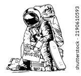 Vector illustration of astronaut with dog and luggage hitchhiking to Houston, Texas, USA.