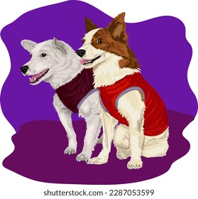 Vector illustration of astronaut dogs Belka and Strelka. 
Mongrel wearing jacket. Vector illustration of a standing dog in doggy jacket. 
Mongrel vector graphic on background. 