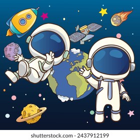 Ilustración vectorial De astronauta se siente feliz en el espacio