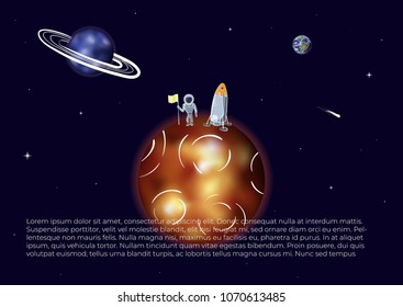 Vector illustration of astronaut with flag on red planet. Planet exploration and achievement concept flyer with text place. Doodle cartoon outline space symbols.