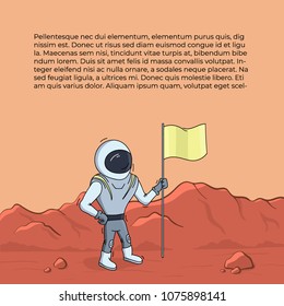 Vector illustration of astronaut with flag on red planet. Planet exploration and achievement concept flyer with text place. Doodle cartoon outline space symbols.