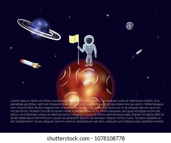 Vector illustration of astronaut with flag on red planet. Planet exploration and achievement concept flyer with text place. Doodle cartoon outline space symbols.