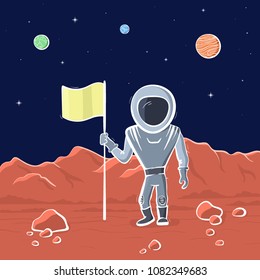 Vector illustration of astronaut with flag on red planet. Planet exploration and achievement concept flyer, card with text place. Doodle cartoon outline space symbols.