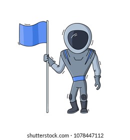 Vector illustration of astronaut with flag. Planet exploration and achievement concept flyer, card. Doodle cartoon outline space symbol.