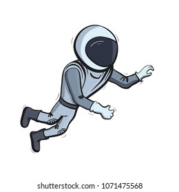 Vector illustration of astronaut floating in space. Planet exploration and achievement concept flyer, card. Doodle cartoon outline space symbol.