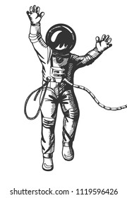 Vector illustration of the astronaut floating in space in spacesuit. Vintage hand drawn monochrome engraving style isolated on white.