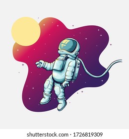 Vector Illustration of an Astronaut floating in space with moon and galaxy in the background.