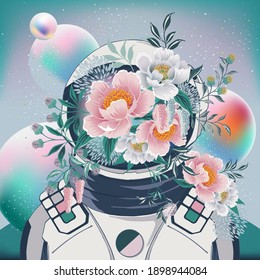 Ilustración vectorial del astronauta con decoración floral en la cara sobre un fondo de planetas. Diseño para marcos de imagen, afiches, folletos y ciencia ficción