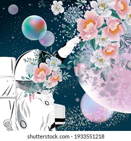 Vector illustration of the astronaut with floral decoration on the face on a background of planets. Design for picture frame, poster, brochure and science fiction