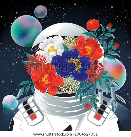 Vector illustration of the astronaut with floral decoration on the face on a background of planets. Design for picture frame, poster, brochure and science fiction