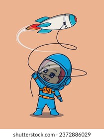 vector illustration of astronaut flying a cute toy rocket. science technology icon concept