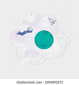 Vector illustration of an astronaut flying over planet in an outer space on grey background.