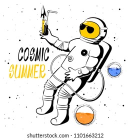 Vector illustration astronaut flying in space in a spacesuit with a cocktail in his hand and glasses on his helmet. Around him the stars, the sand and the sea. Lettering cosmic summer