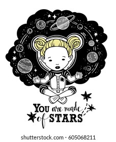 Vector illustration astronaut girl with planets of the solar system. Calligraphy words. Teenagers. Have fun. Can be printed on T-shirts, bags, posters, invitations, cards, phone cases, pillows.