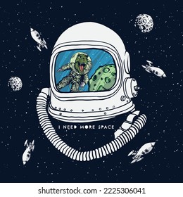 Vector illustration of astronaut helmet with dinosaur and planet reflected in glass