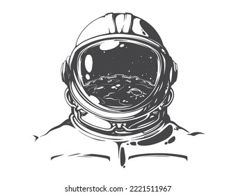 Vector illustration of an astronaut in a helmet whose window reflects the moon, black and white image of an astronaut in grunge style, reflection of the surface of the moon in the astronauts helmet 