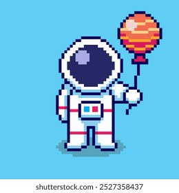 Ilustração vetorial de astronauta segurando balão de planeta com design de arte Pixel, perfeito para recursos de jogo projetos temáticos