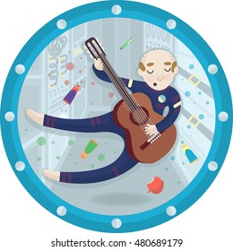 Vector Illustration Of An Astronaut Inside The International Space Station Playing The Guitar. Includes Apple, Space Food