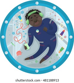 Vector Illustration Of An Astronaut Inside The International Space Station Listening Music. Includes Apple, Space Food